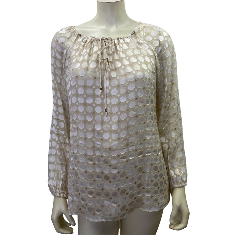 White House Black Market Sheer Beige Polka Dot Long Sleeve‎ Blouse Tie Neck Size